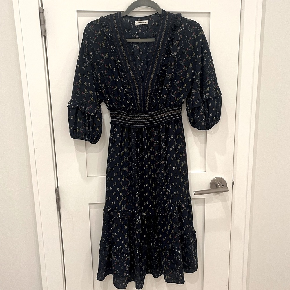 Max Studio Midi Navy Floral Dress, Size XS